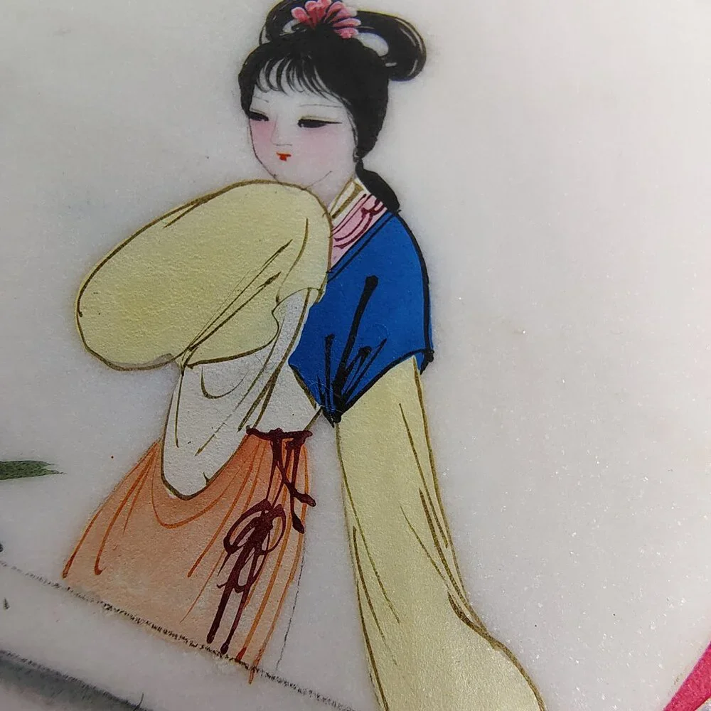 Collectible Japanese Marble Painting Small Round Geisha Girl Mountainous Scene